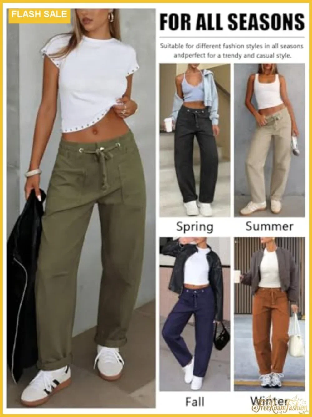 Low Rise Drawstring Barrel Pants Women Casual Wide Leg Chino Stretch